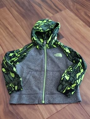 The North Face Kids Gray Fleece Hoodie with Neon Green Patterned Sleeves